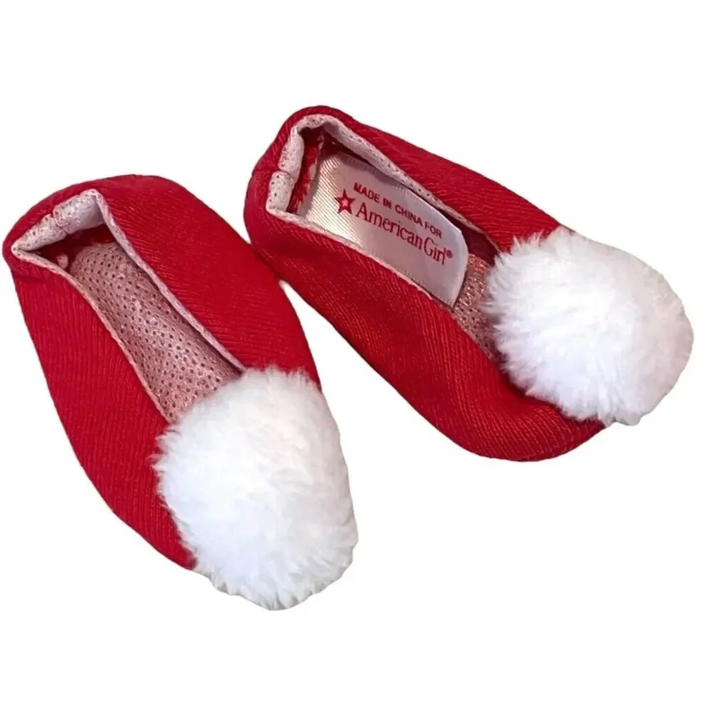 American Girl Doll Slippers For Love Peace Joy Pajamas Holiday Red Pom Pom Shoes